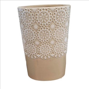 Elegant Tan and White Lace Design Vase